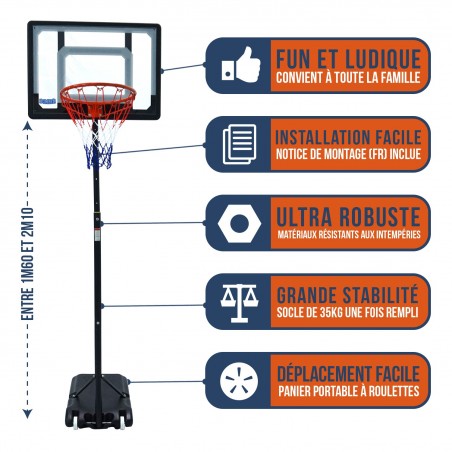 Panier de Basket sur Pied Mobile "Orlando" Hauteur Réglable de 1.6m à 2.10m